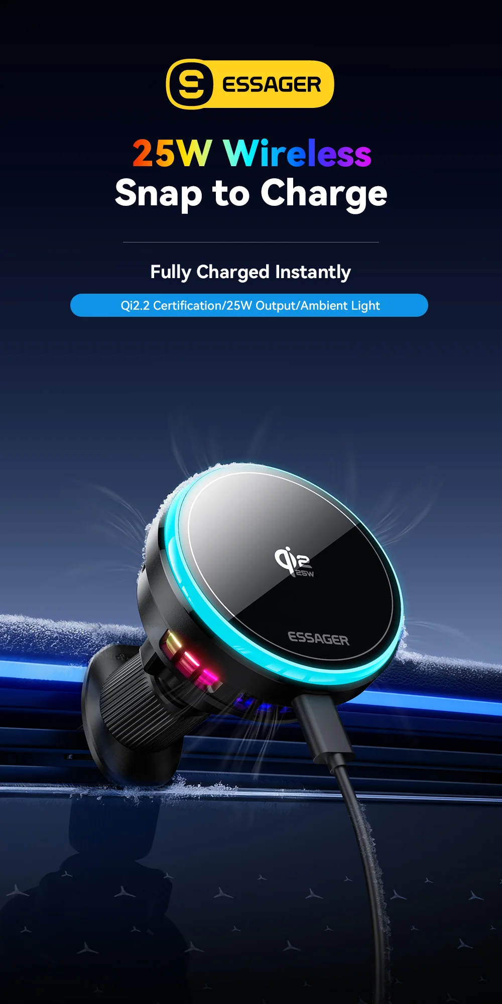 Essager 25W Magnetic Wireless Car Charger Qi 2.2 Fast Charging Station for iPhone 17 16 for Magsafe RGB Car Phone Holder Stand