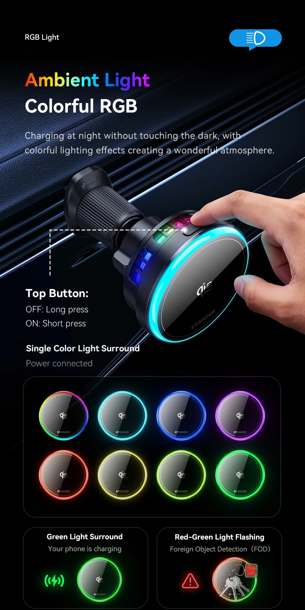 Essager 25W Magnetic Wireless Car Charger Qi 2.2 Fast Charging Station for iPhone 17 16 for Magsafe RGB Car Phone Holder Stand