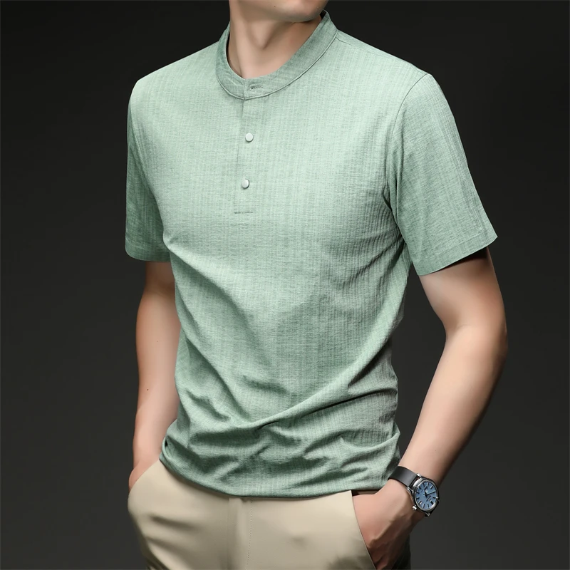 Mens Casual Mandarin Collar Tops Short Sleeve Henley Shirt With Three Buttons Textured Soft Breathable Tees For Men Daily Style