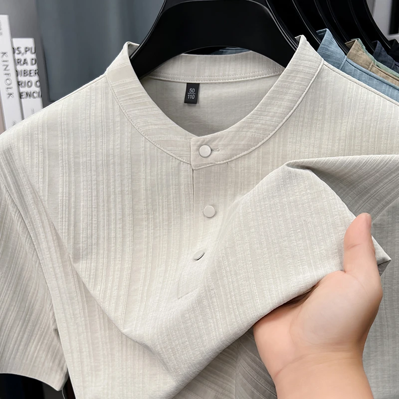 Mens Casual Mandarin Collar Tops Short Sleeve Henley Shirt With Three Buttons Textured Soft Breathable Tees For Men Daily Style