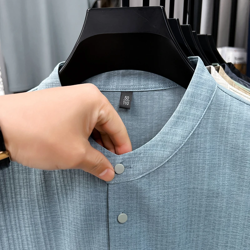 Mens Casual Mandarin Collar Tops Short Sleeve Henley Shirt With Three Buttons Textured Soft Breathable Tees For Men Daily Style