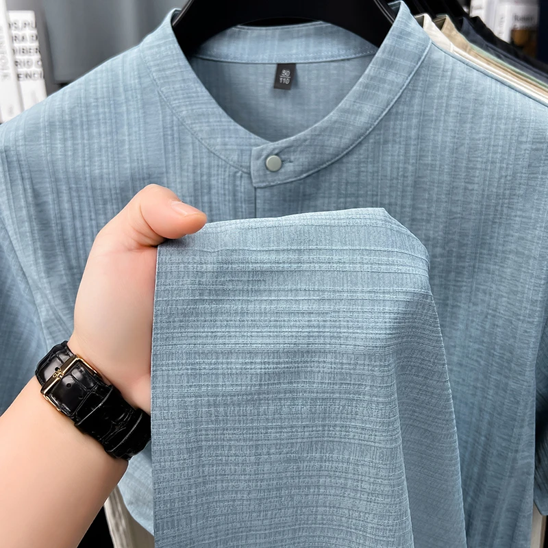 Mens Casual Mandarin Collar Tops Short Sleeve Henley Shirt With Three Buttons Textured Soft Breathable Tees For Men Daily Style
