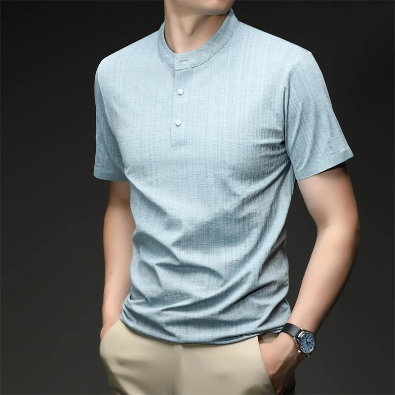 Mens Casual Mandarin Collar Tops Short Sleeve Henley Shirt With Three Buttons Textured Soft Breathable Tees For Men Daily Style