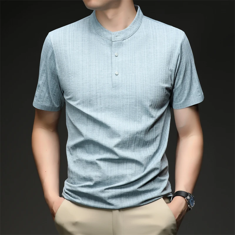 Mens Casual Mandarin Collar Tops Short Sleeve Henley Shirt With Three Buttons Textured Soft Breathable Tees For Men Daily Style