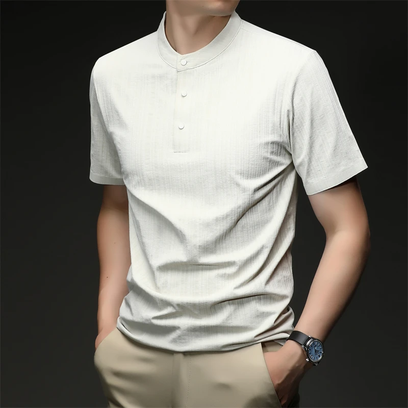 Mens Casual Mandarin Collar Tops Short Sleeve Henley Shirt With Three Buttons Textured Soft Breathable Tees For Men Daily Style