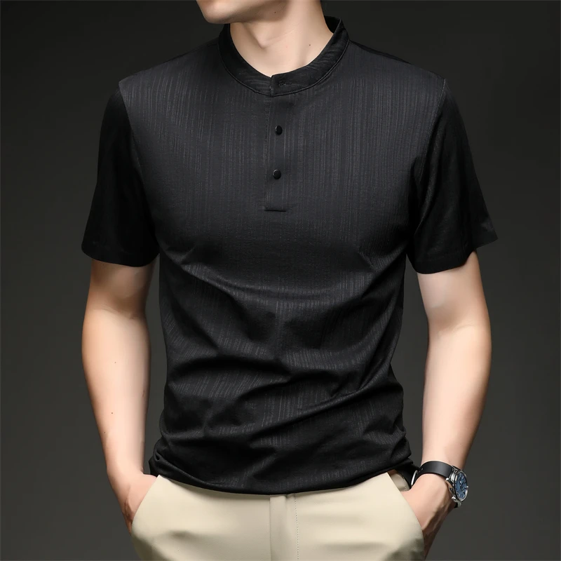 Mens Casual Mandarin Collar Tops Short Sleeve Henley Shirt With Three Buttons Textured Soft Breathable Tees For Men Daily Style