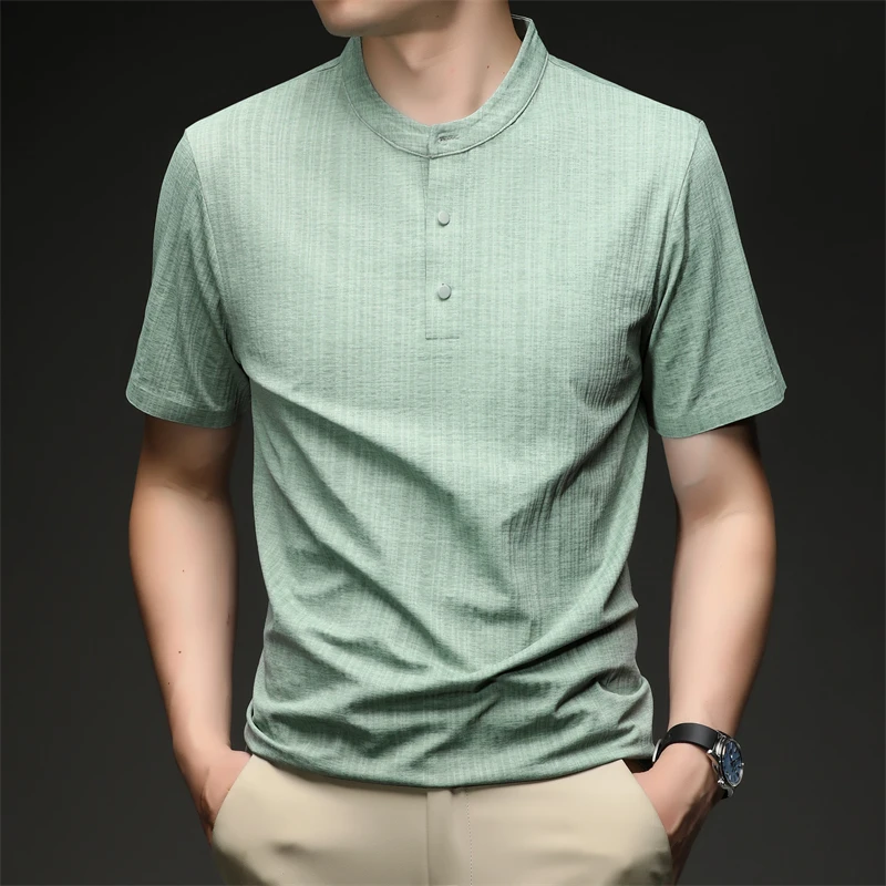 Mens Casual Mandarin Collar Tops Short Sleeve Henley Shirt With Three Buttons Textured Soft Breathable Tees For Men Daily Style
