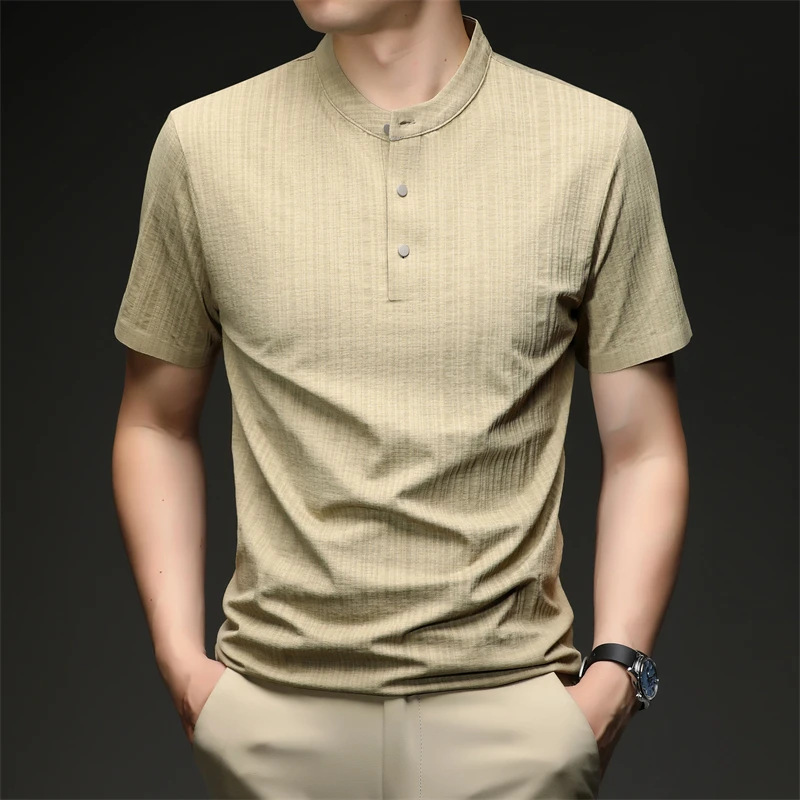 Mens Casual Mandarin Collar Tops Short Sleeve Henley Shirt With Three Buttons Textured Soft Breathable Tees For Men Daily Style