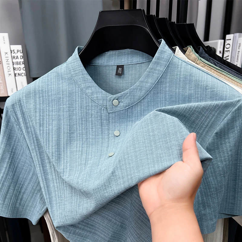 Mens Casual Mandarin Collar Tops Short Sleeve Henley Shirt With Three Buttons Textured Soft Breathable Tees For Men Daily Style