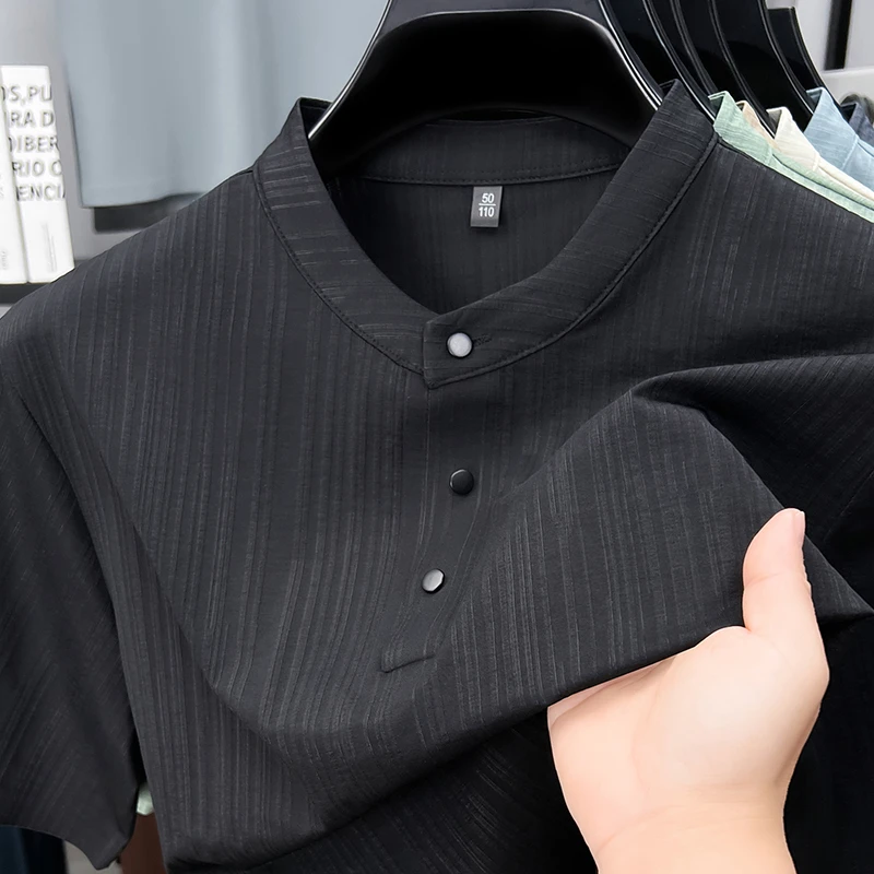 Mens Casual Mandarin Collar Tops Short Sleeve Henley Shirt With Three Buttons Textured Soft Breathable Tees For Men Daily Style