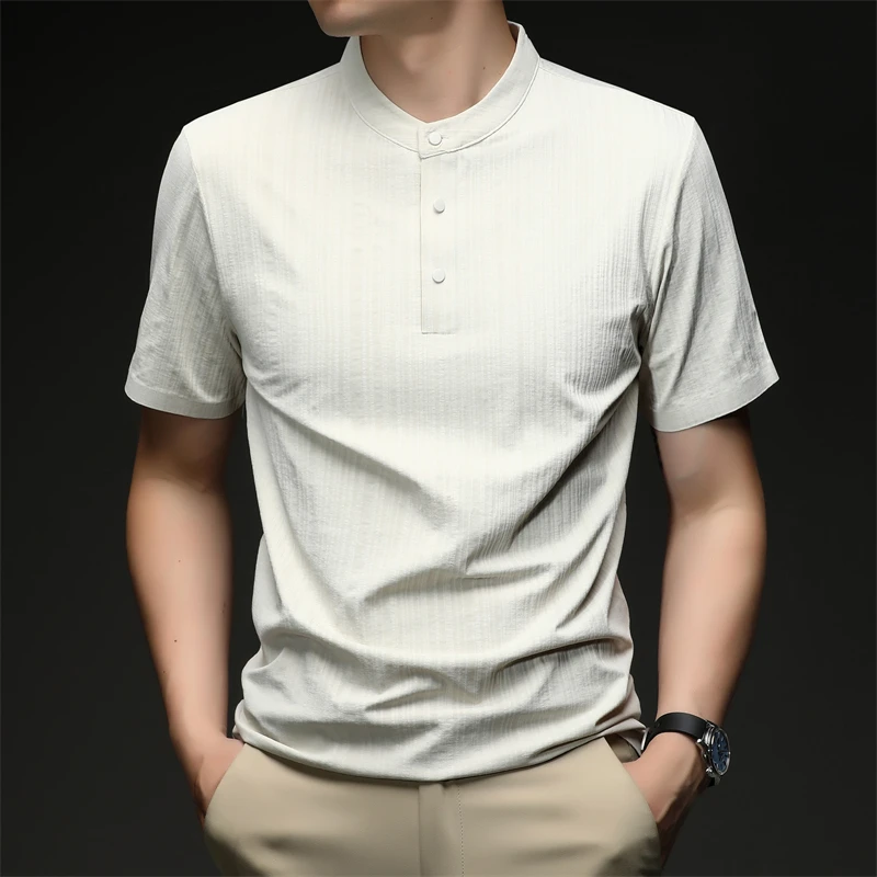 Mens Casual Mandarin Collar Tops Short Sleeve Henley Shirt With Three Buttons Textured Soft Breathable Tees For Men Daily Style