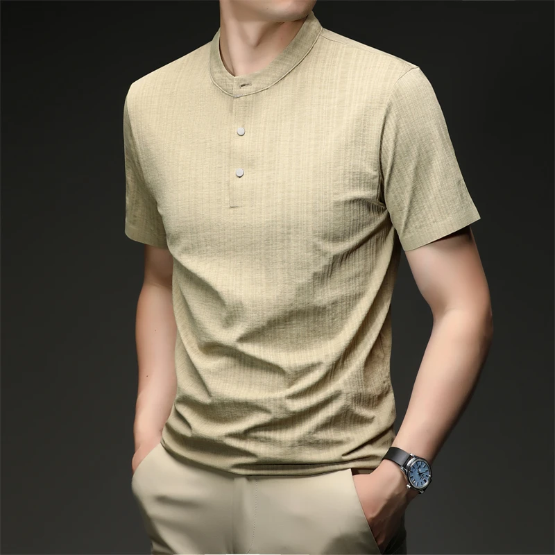 Mens Casual Mandarin Collar Tops Short Sleeve Henley Shirt With Three Buttons Textured Soft Breathable Tees For Men Daily Style
