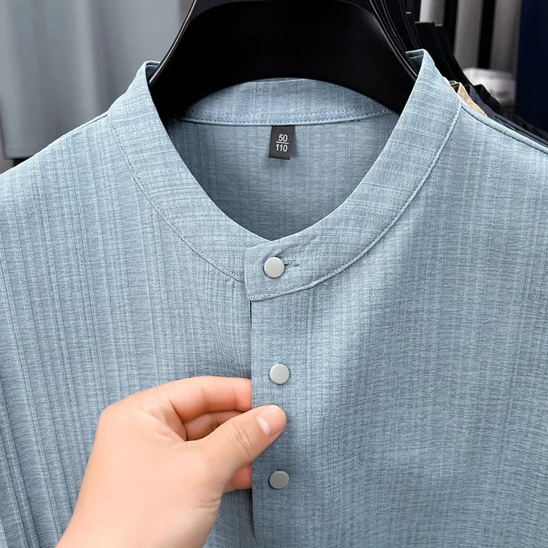 Mens Casual Mandarin Collar Tops Short Sleeve Henley Shirt With Three Buttons Textured Soft Breathable Tees For Men Daily Style