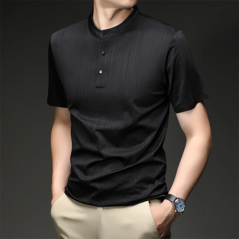 Mens Casual Mandarin Collar Tops Short Sleeve Henley Shirt With Three Buttons Textured Soft Breathable Tees For Men Daily Style