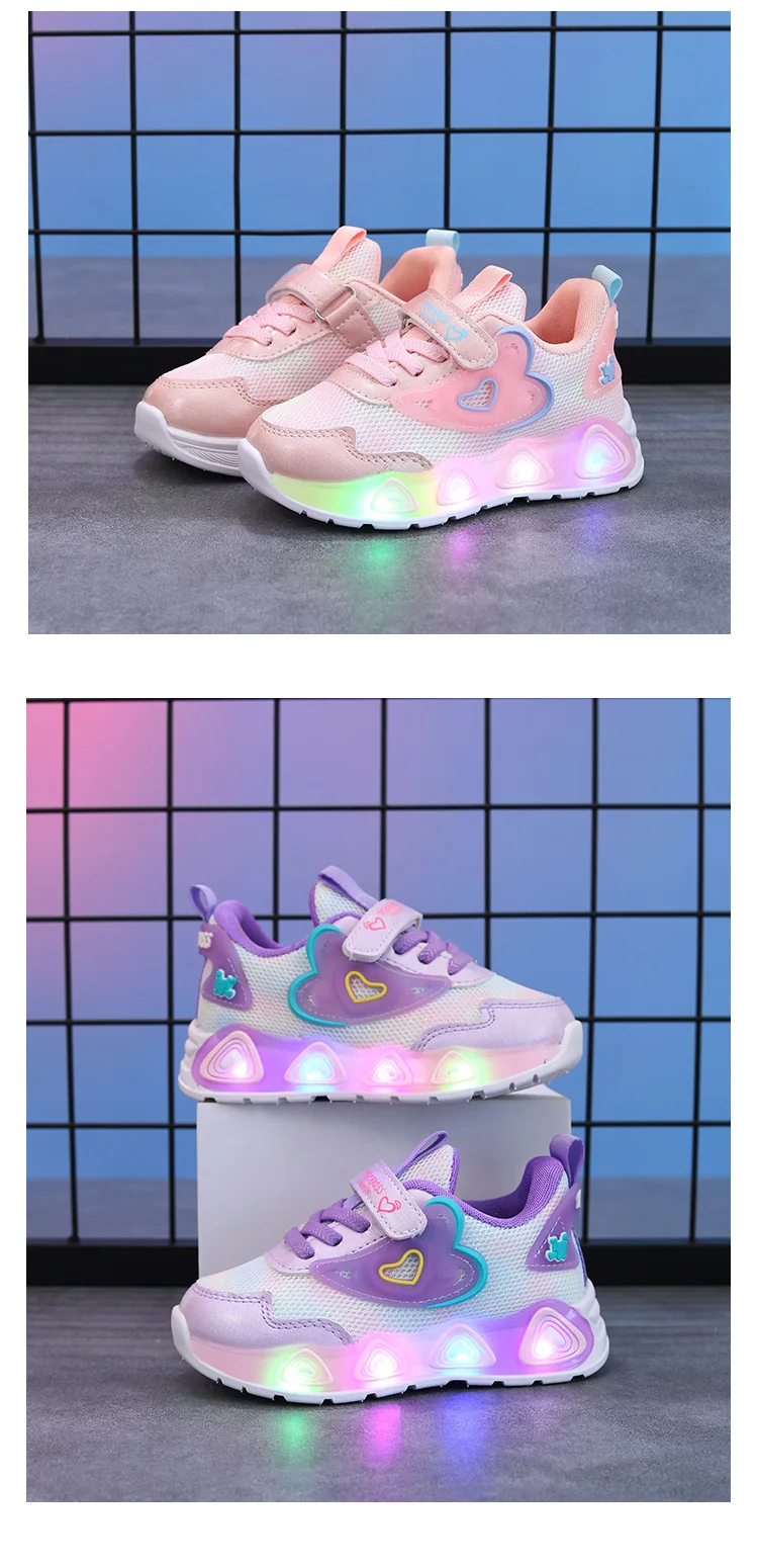 Kids'Casual Shoes Mesh Led Light Fashion Spring Shoes For Girls Anti-slip Breathable Flat Bottom Pink Purple Shoes Size 21-35