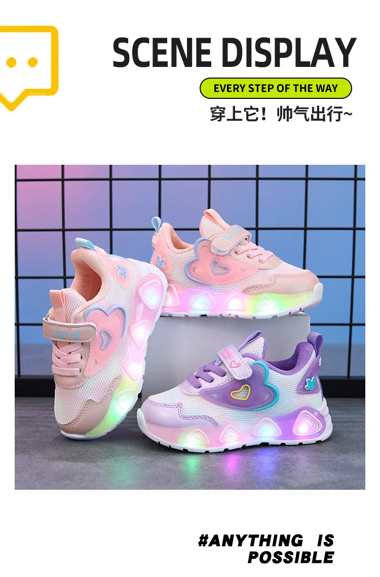 Kids'Casual Shoes Mesh Led Light Fashion Spring Shoes For Girls Anti-slip Breathable Flat Bottom Pink Purple Shoes Size 21-35