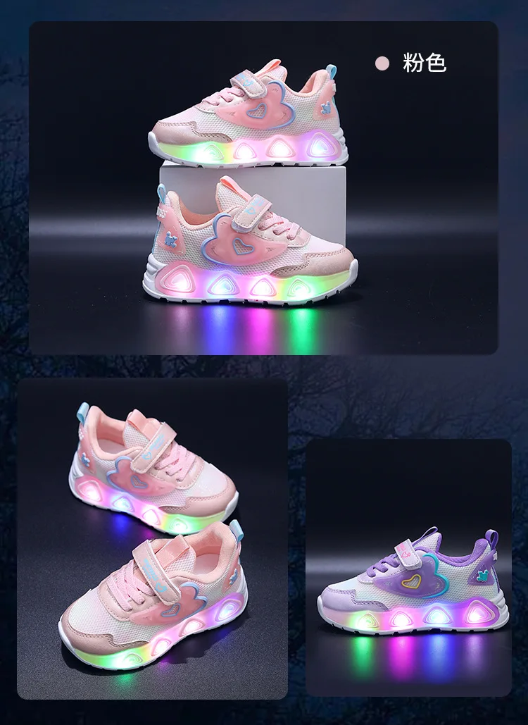 Kids'Casual Shoes Mesh Led Light Fashion Spring Shoes For Girls Anti-slip Breathable Flat Bottom Pink Purple Shoes Size 21-35