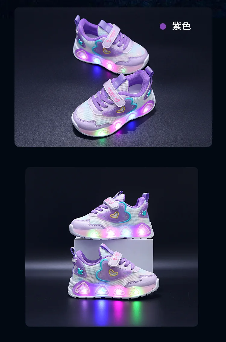 Kids'Casual Shoes Mesh Led Light Fashion Spring Shoes For Girls Anti-slip Breathable Flat Bottom Pink Purple Shoes Size 21-35