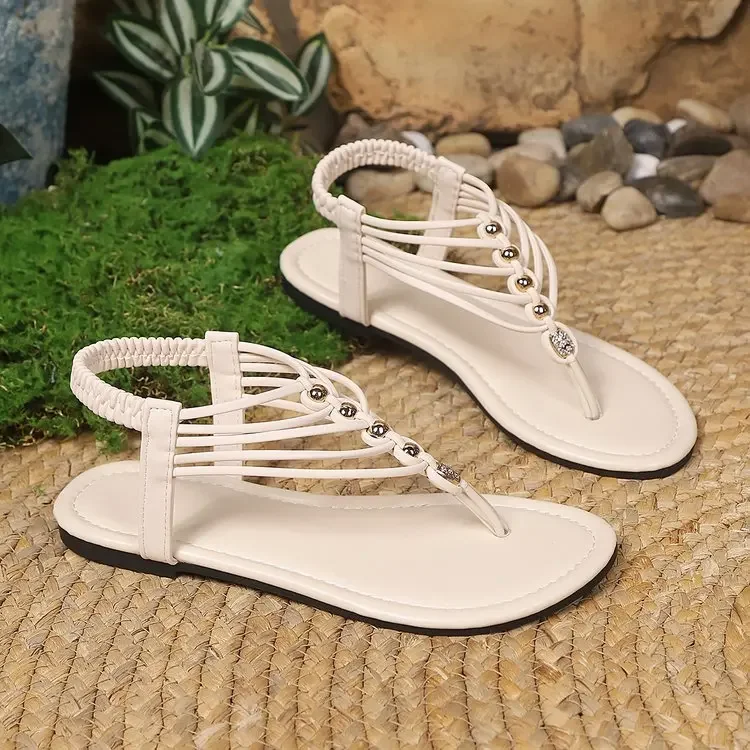 YUYIN Women Sandals T-Strap Toe Roman Beach Women Shoes Slip-On Sandals Women New Summer Elastic Strap Flat Bottom Shoes