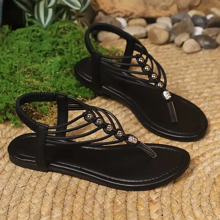 YUYIN Women Sandals T-Strap Toe Roman Beach Women Shoes Slip-On Sandals Women New Summer Elastic Strap Flat Bottom Shoes