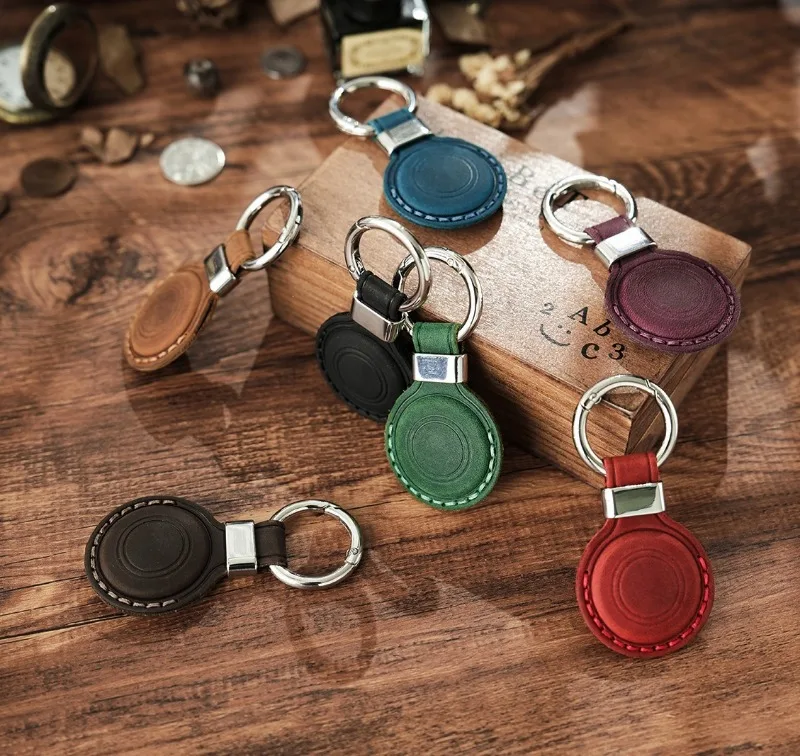 Vintage Crazy Horse Leather AirTag Keychain, Genuine Leather Case for Apple AirTag, Retro Protective Tracker Cover for Luggage