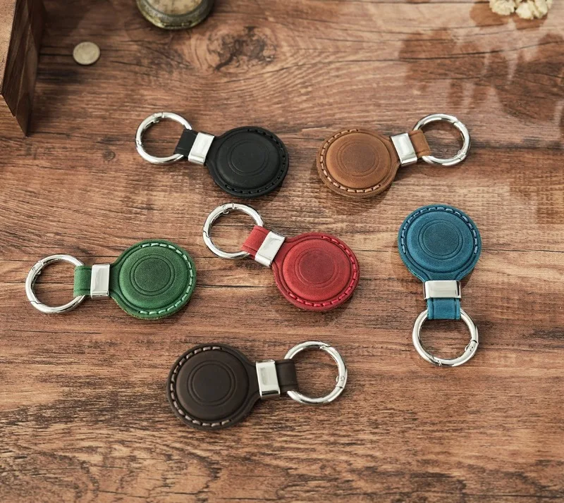 Vintage Crazy Horse Leather AirTag Keychain, Genuine Leather Case for Apple AirTag, Retro Protective Tracker Cover for Luggage