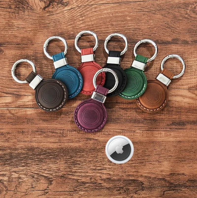 Vintage Crazy Horse Leather AirTag Keychain, Genuine Leather Case for Apple AirTag, Retro Protective Tracker Cover for Luggage