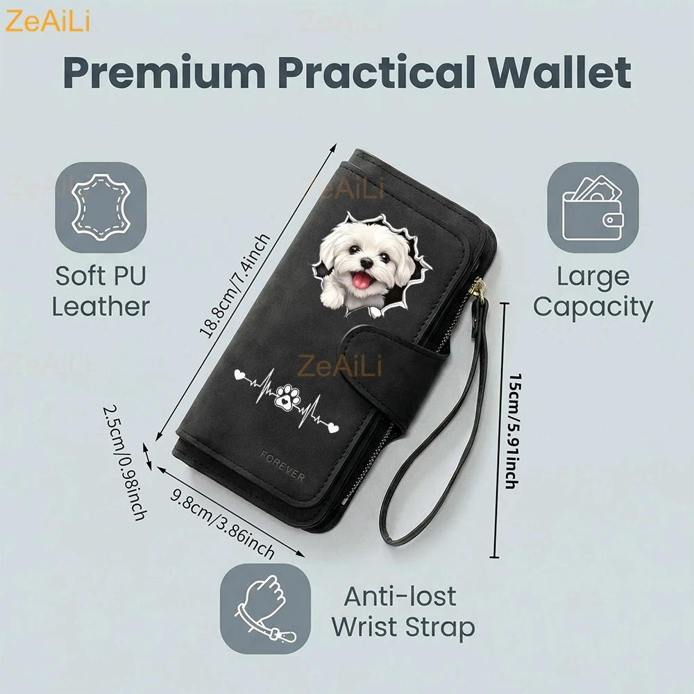 2D A White Puppy Maltese Dog Women Wallet Leather Wallets For Woman Long Zipper Large Ladies Clutch Bag Female Purse Card Holder