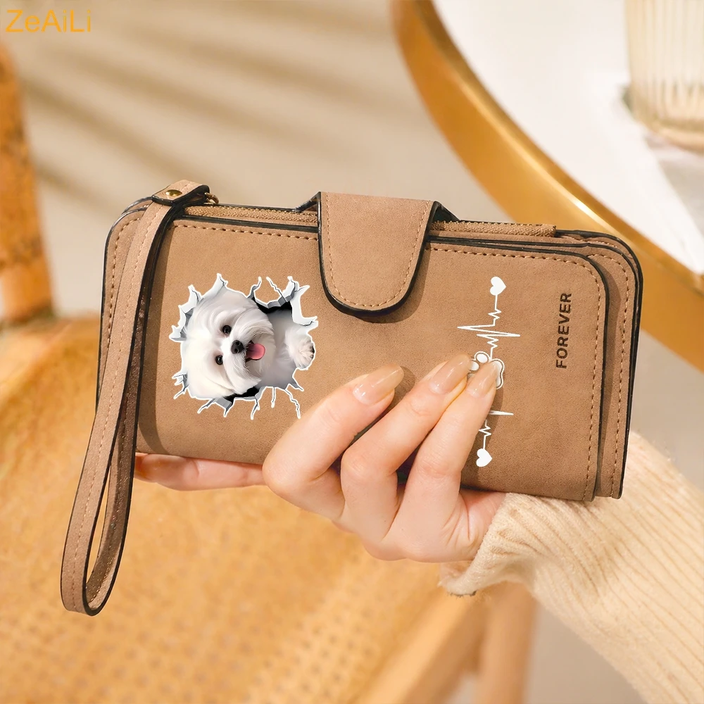 2D A White Puppy Maltese Dog Women Wallet Leather Wallets For Woman Long Zipper Large Ladies Clutch Bag Female Purse Card Holder