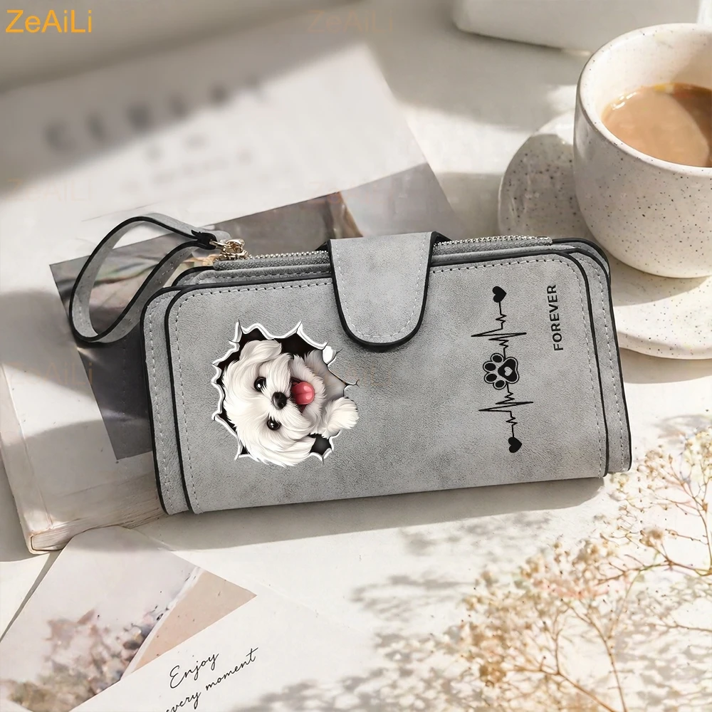 2D A White Puppy Maltese Dog Women Wallet Leather Wallets For Woman Long Zipper Large Ladies Clutch Bag Female Purse Card Holder