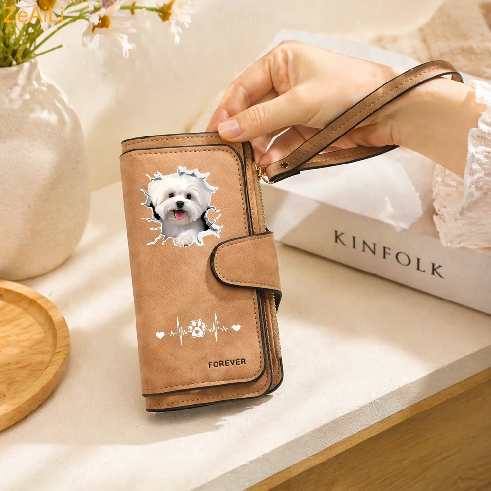 2D A White Puppy Maltese Dog Women Wallet Leather Wallets For Woman Long Zipper Large Ladies Clutch Bag Female Purse Card Holder