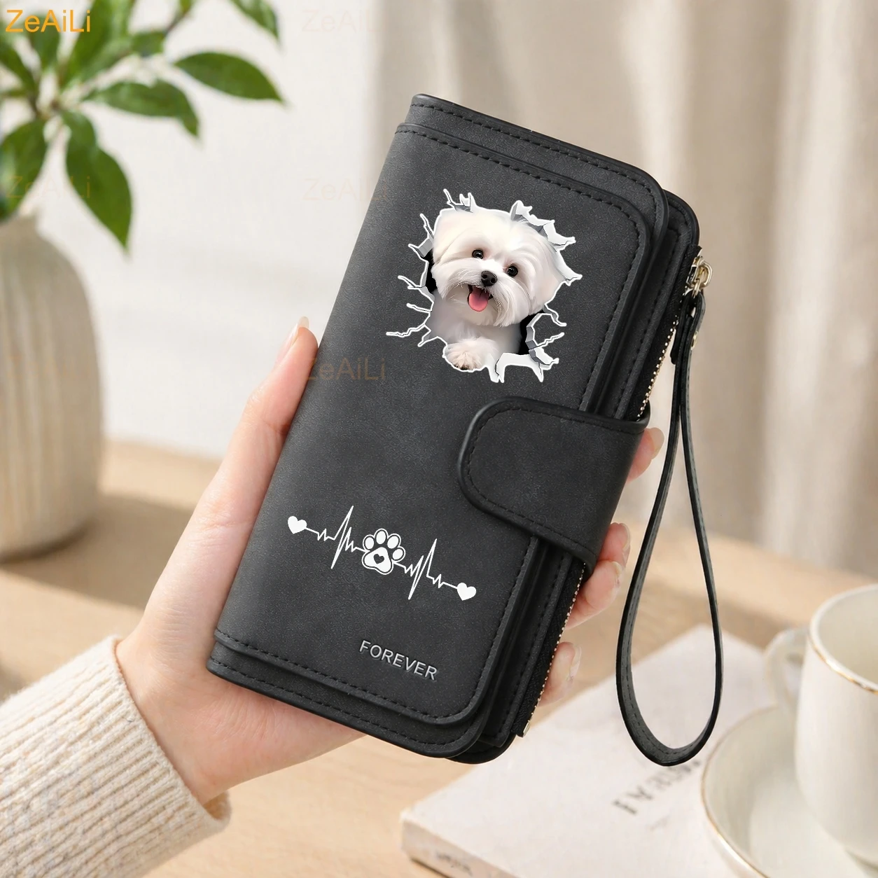 2D A White Puppy Maltese Dog Women Wallet Leather Wallets For Woman Long Zipper Large Ladies Clutch Bag Female Purse Card Holder