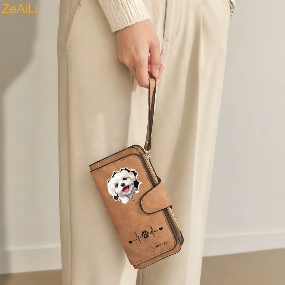 2D A White Puppy Maltese Dog Women Wallet Leather Wallets For Woman Long Zipper Large Ladies Clutch Bag Female Purse Card Holder