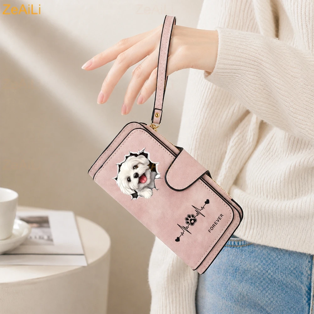 2D A White Puppy Maltese Dog Women Wallet Leather Wallets For Woman Long Zipper Large Ladies Clutch Bag Female Purse Card Holder