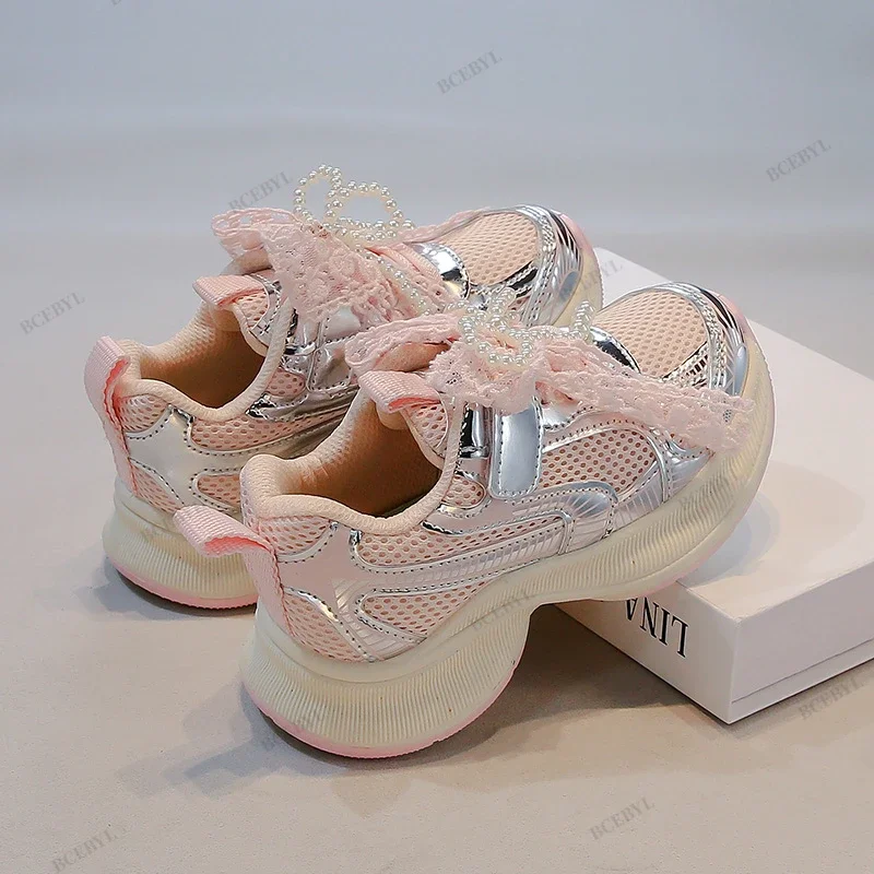 *Baby Sale Spring/Autumn Fashion Breathable Thick Sole Bow Beaded Sport Shoes Soft Walking Sports Casual Kid Vulcanized Shoes