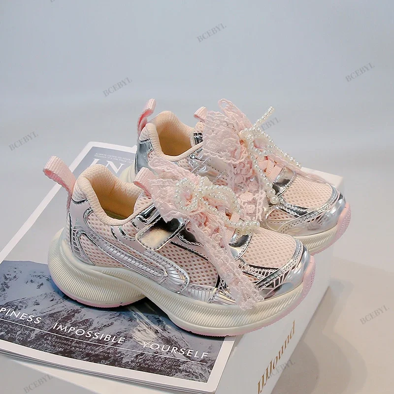 *Baby Sale Spring/Autumn Fashion Breathable Thick Sole Bow Beaded Sport Shoes Soft Walking Sports Casual Kid Vulcanized Shoes