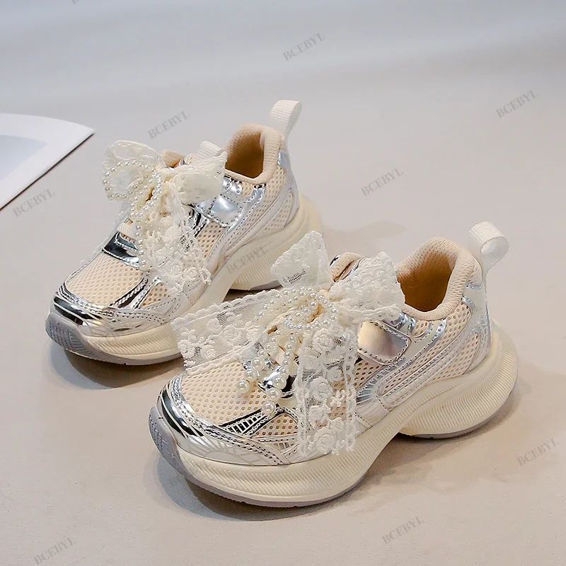 *Baby Sale Spring/Autumn Fashion Breathable Thick Sole Bow Beaded Sport Shoes Soft Walking Sports Casual Kid Vulcanized Shoes