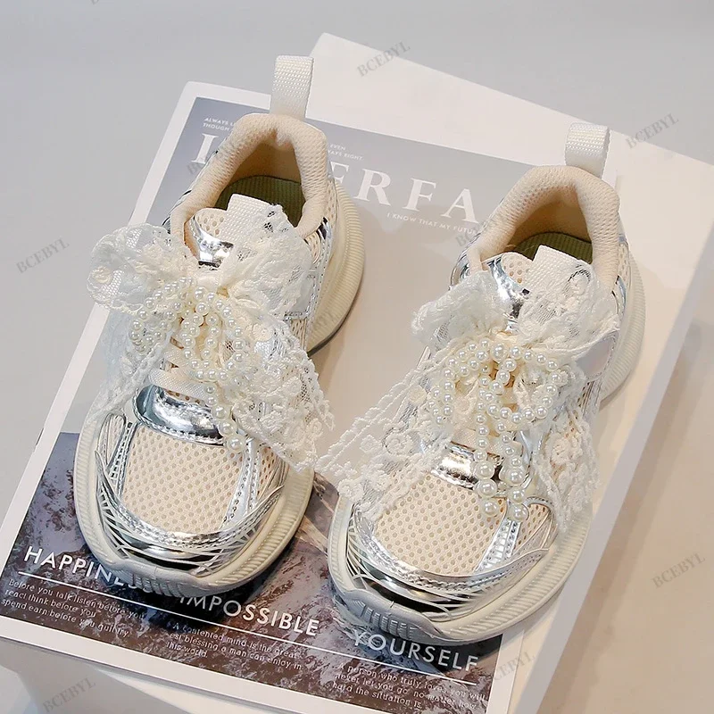 *Baby Sale Spring/Autumn Fashion Breathable Thick Sole Bow Beaded Sport Shoes Soft Walking Sports Casual Kid Vulcanized Shoes