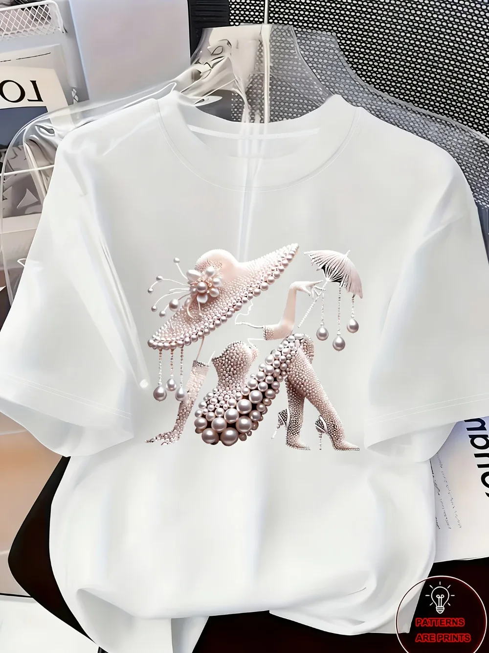 Women's Printed T-Shirt Pearl Diamond Jewelry Women's Design Casual Round Neck Short-sleeved Top Urban Style Printed T-Shirt