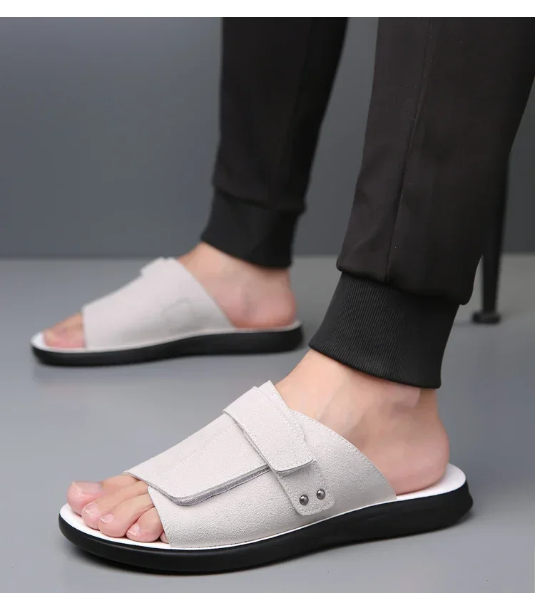 New Men's Slip-On Sandals with Magic Tape Outdoor Anti-Slip Soft Bottom Flat Slippers Versatile Comfortable Summer Shoes-1102