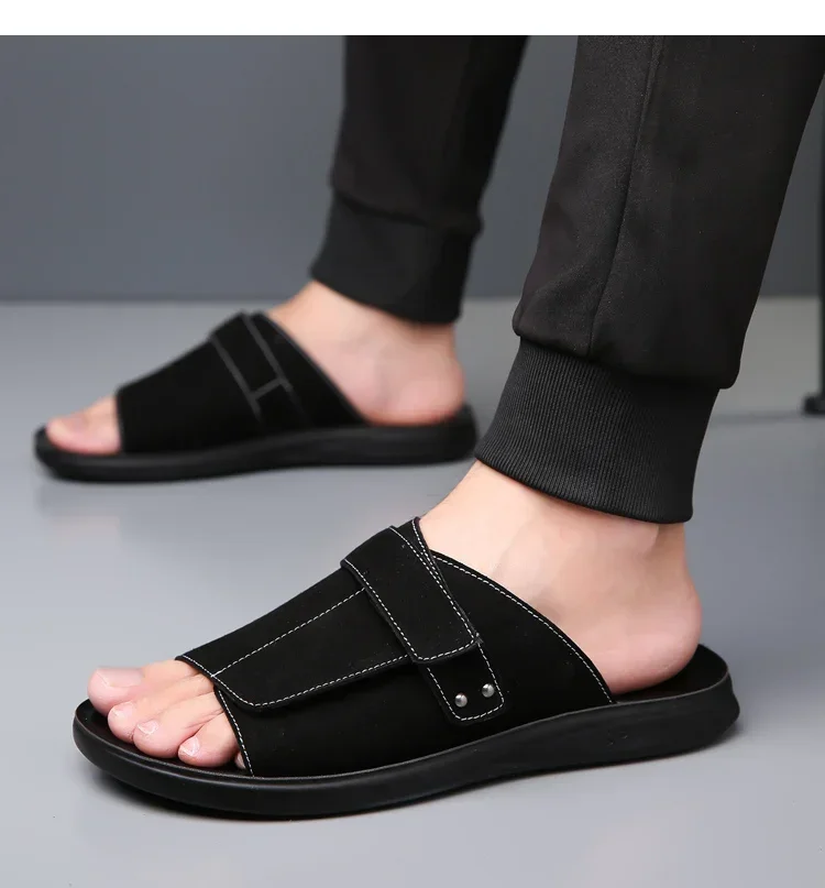 New Men's Slip-On Sandals with Magic Tape Outdoor Anti-Slip Soft Bottom Flat Slippers Versatile Comfortable Summer Shoes-1102
