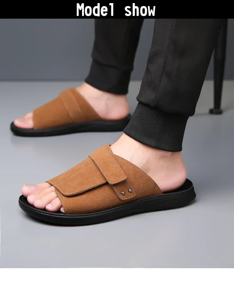 New Men's Slip-On Sandals with Magic Tape Outdoor Anti-Slip Soft Bottom Flat Slippers Versatile Comfortable Summer Shoes-1102