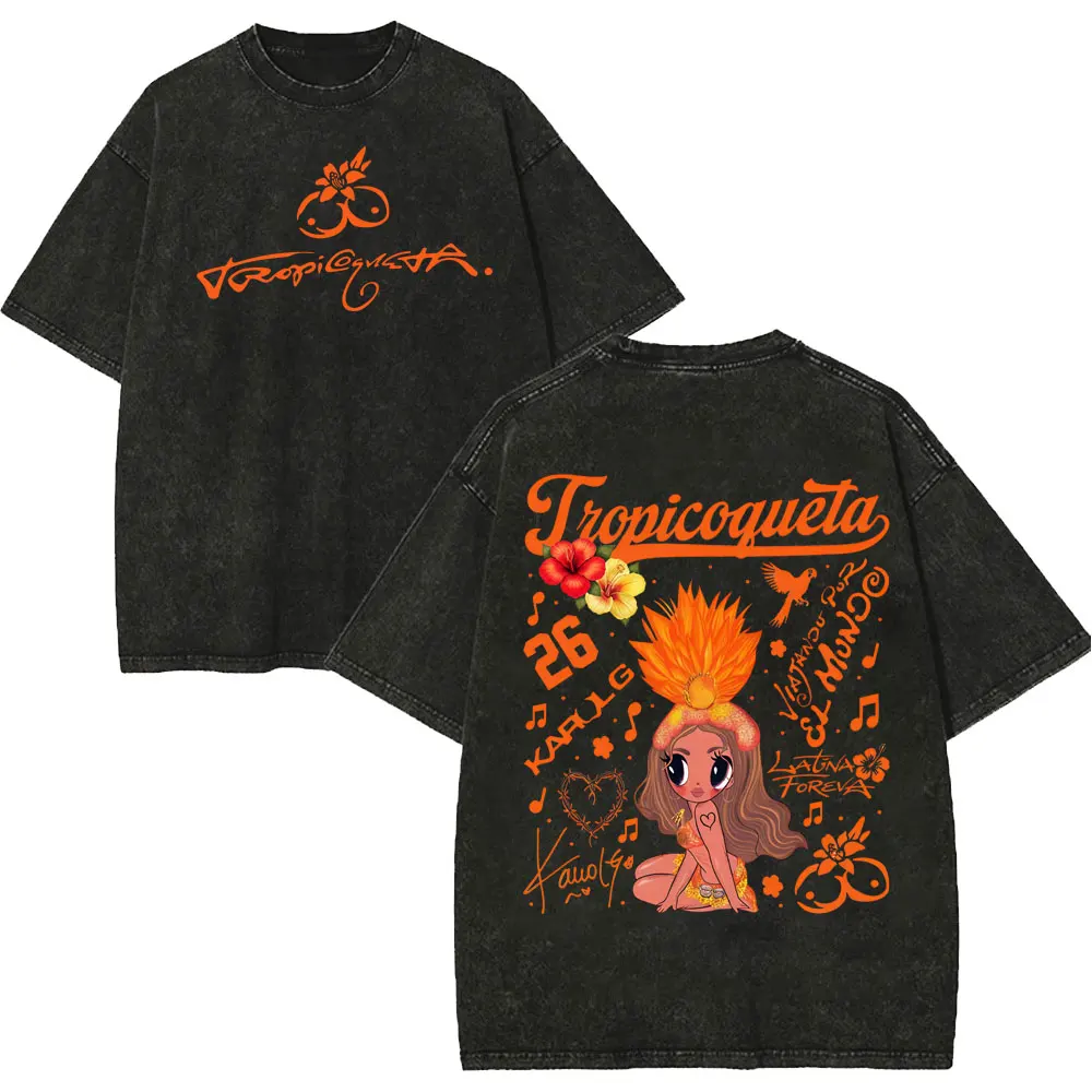 Vintage Washed Karol G Tropicoqueta Tour 2026 T-shirts Men Women Fashion Pop Music T Shirt Summer Casual Loose Cotton T-shirt