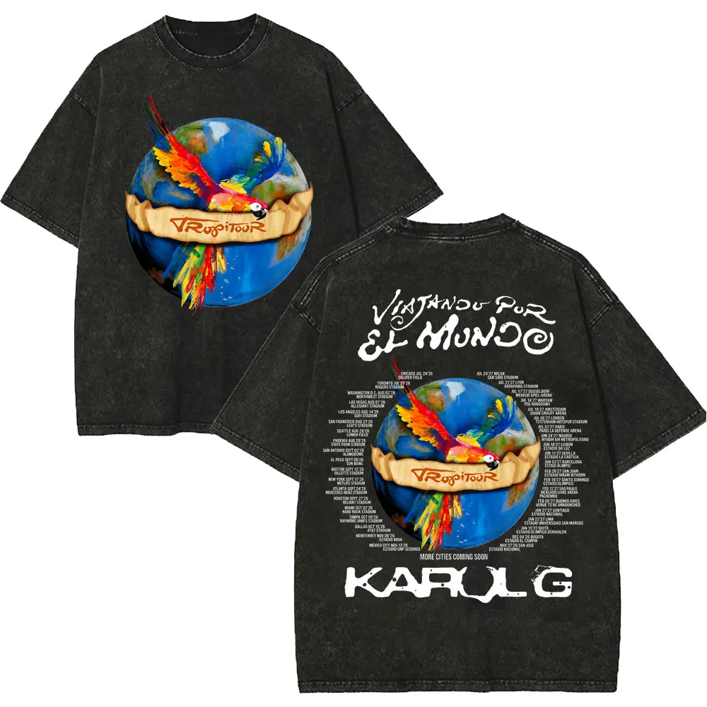 Vintage Washed Karol G Tropicoqueta Tour 2026 T-shirts Men Women Fashion Pop Music T Shirt Summer Casual Loose Cotton T-shirt