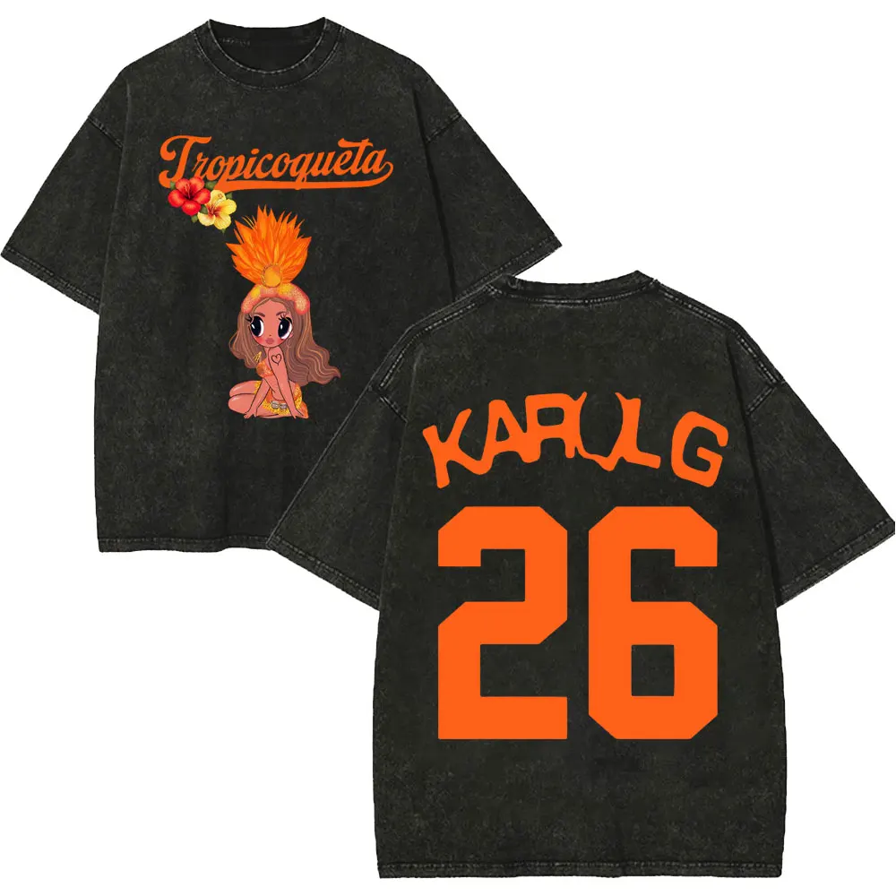 Vintage Washed Karol G Tropicoqueta Tour 2026 T-shirts Men Women Fashion Pop Music T Shirt Summer Casual Loose Cotton T-shirt