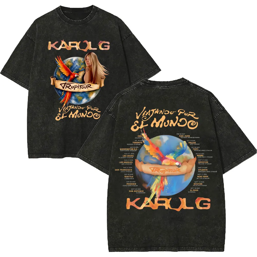 Vintage Washed Karol G Tropicoqueta Tour 2026 T-shirts Men Women Fashion Pop Music T Shirt Summer Casual Loose Cotton T-shirt