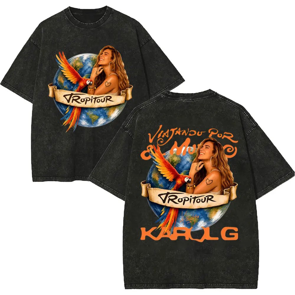 Vintage Washed Karol G Tropicoqueta Tour 2026 T-shirts Men Women Fashion Pop Music T Shirt Summer Casual Loose Cotton T-shirt