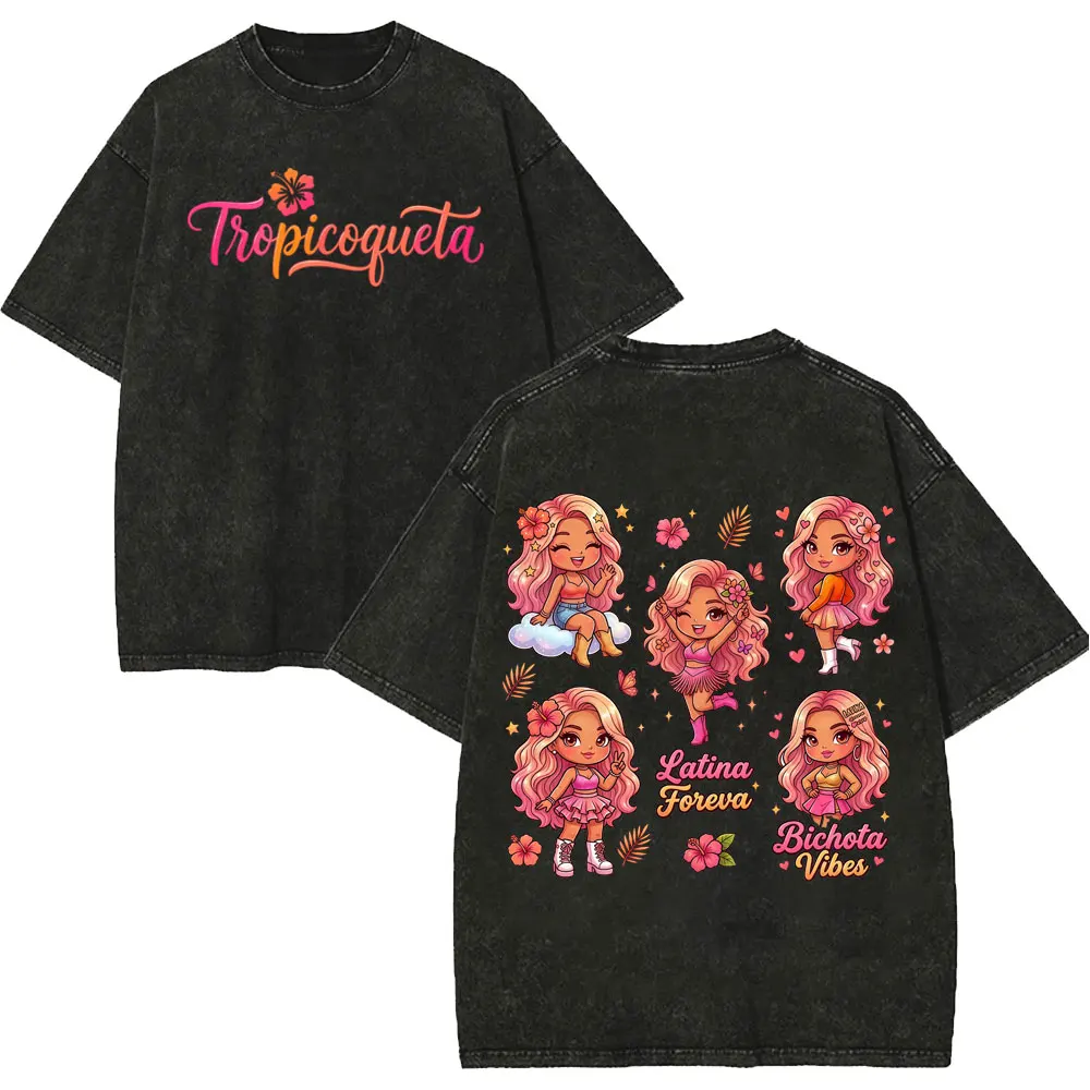 Vintage Washed Karol G Tropicoqueta Tour 2026 T-shirts Men Women Fashion Pop Music T Shirt Summer Casual Loose Cotton T-shirt