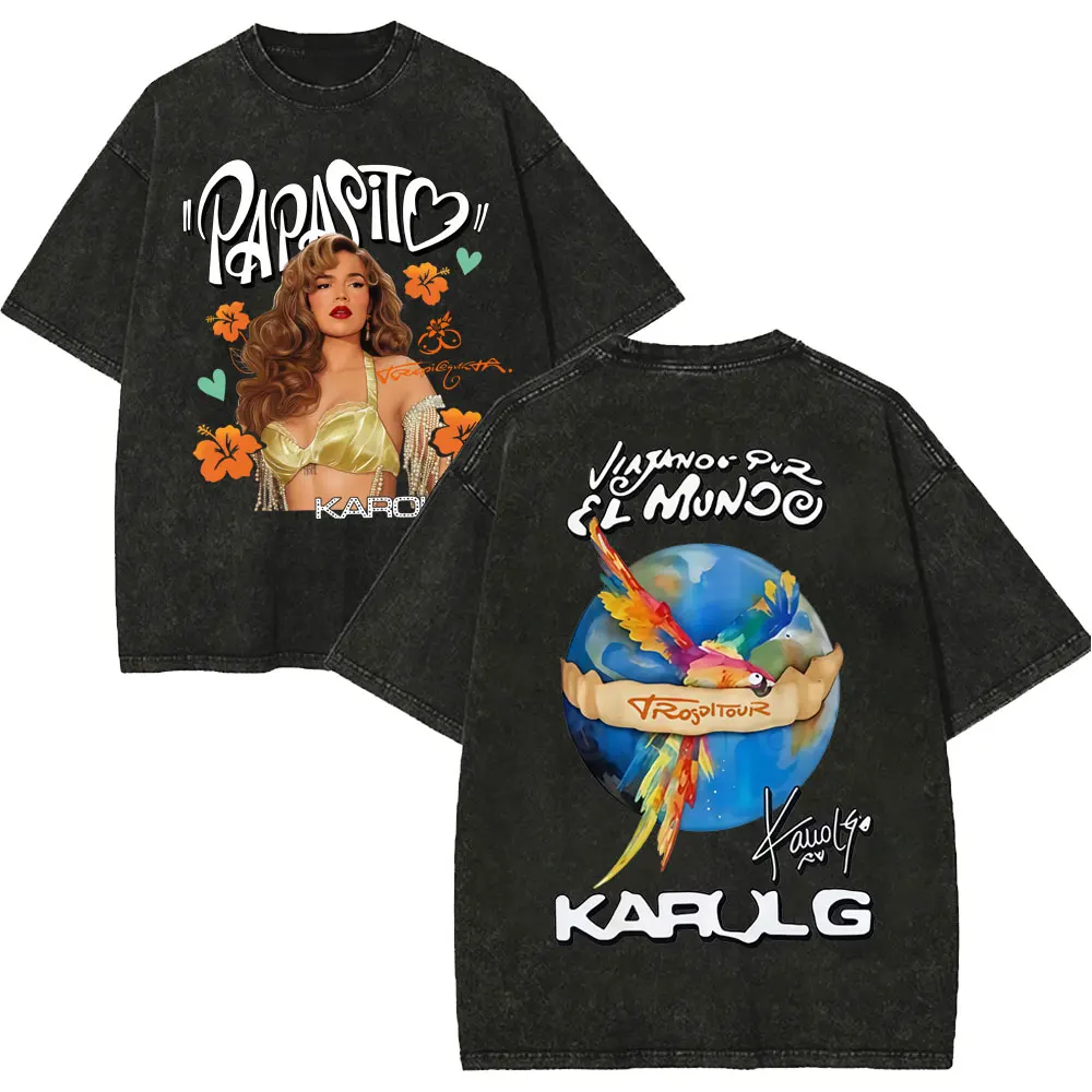 Vintage Washed Karol G Tropicoqueta Tour 2026 T-shirts Men Women Fashion Pop Music T Shirt Summer Casual Loose Cotton T-shirt