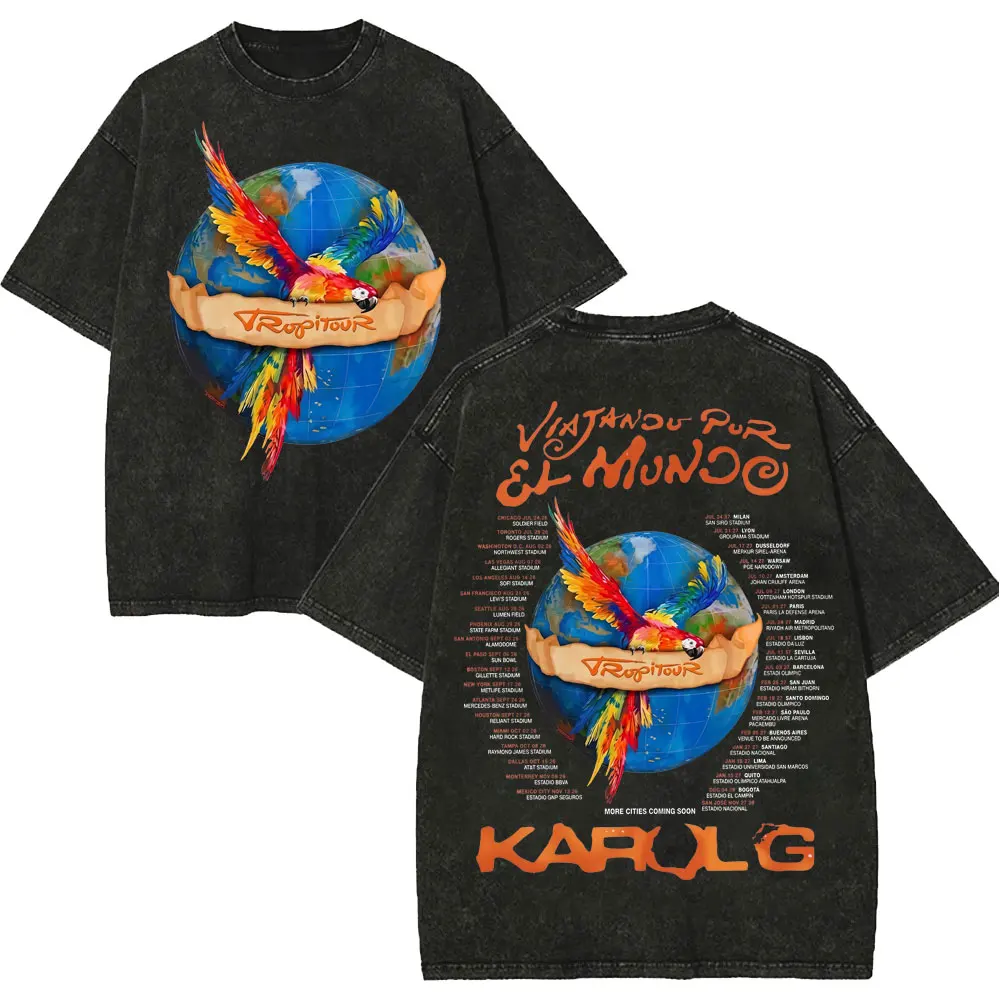 Vintage Washed Karol G Tropicoqueta Tour 2026 T-shirts Men Women Fashion Pop Music T Shirt Summer Casual Loose Cotton T-shirt